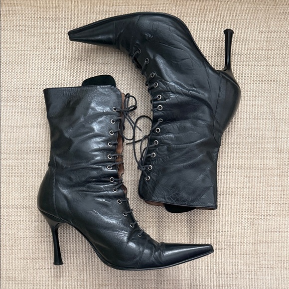 Gia Moretti leather pointed toe stiletto heel grommeted lace-up Boots Italian - Picture 4 of 17